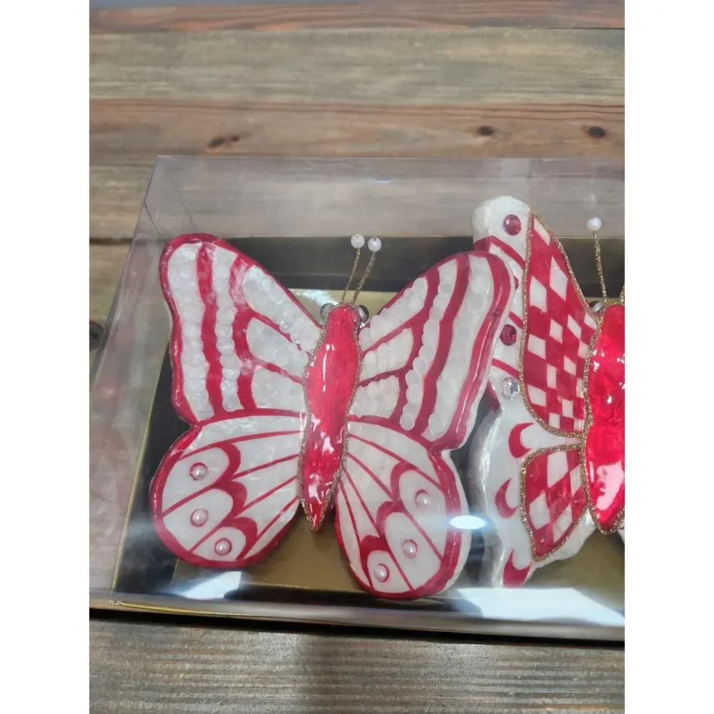MacKenzie Childs Pink & Red Rosy Check Butterfly Wall Hanging Decoration Set